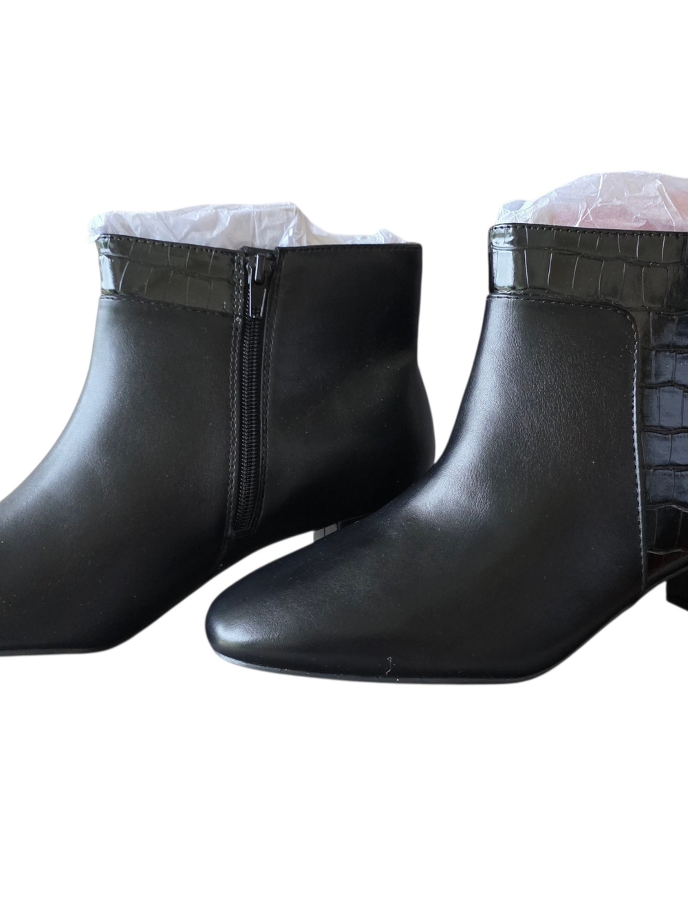 Black Croc Trim Ankle Booties Women’s Faux Leather Block Heel Zip Up Boots